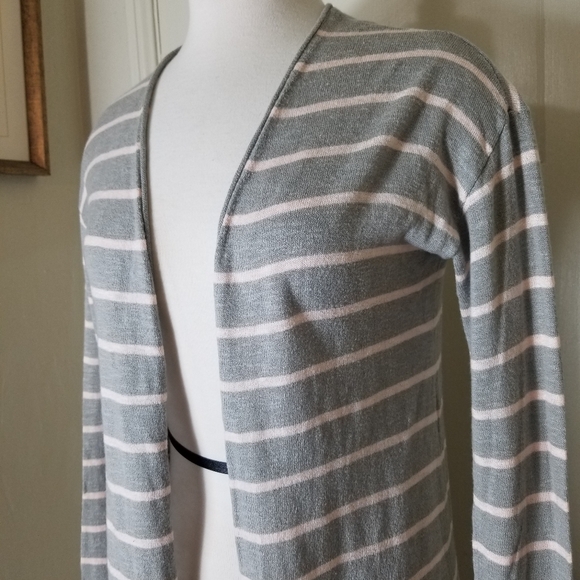 GAP S gray pink stripe 3/4 sleeve open front cardigan sweater - Picture 4 of 7